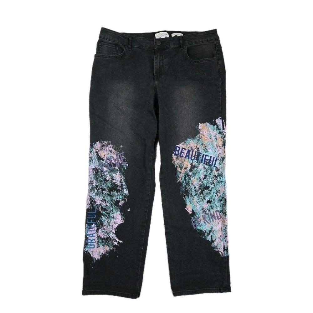 LOGO Denim Boyfriend Jeans Sz 14 Black Limited Edition Embroidered Hippie Boho